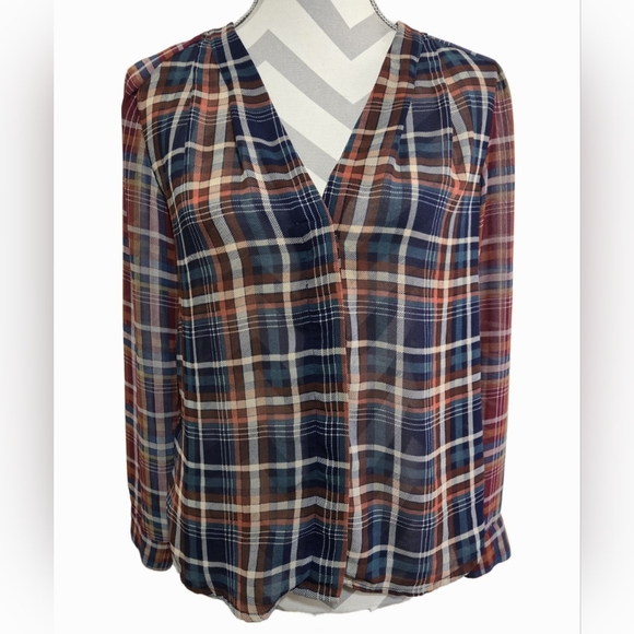 Maeve Tops - Maeve Sheer Plaid Long Sleeve Button Up Blouse Blue Orange Cream Red Size XS